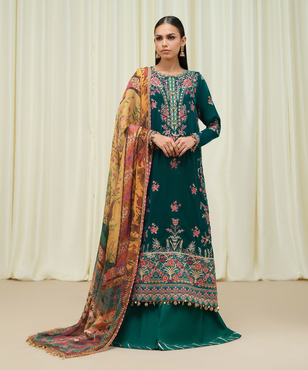 Women's Unstitched Velvet Embroidered Green 3 Piece Suit