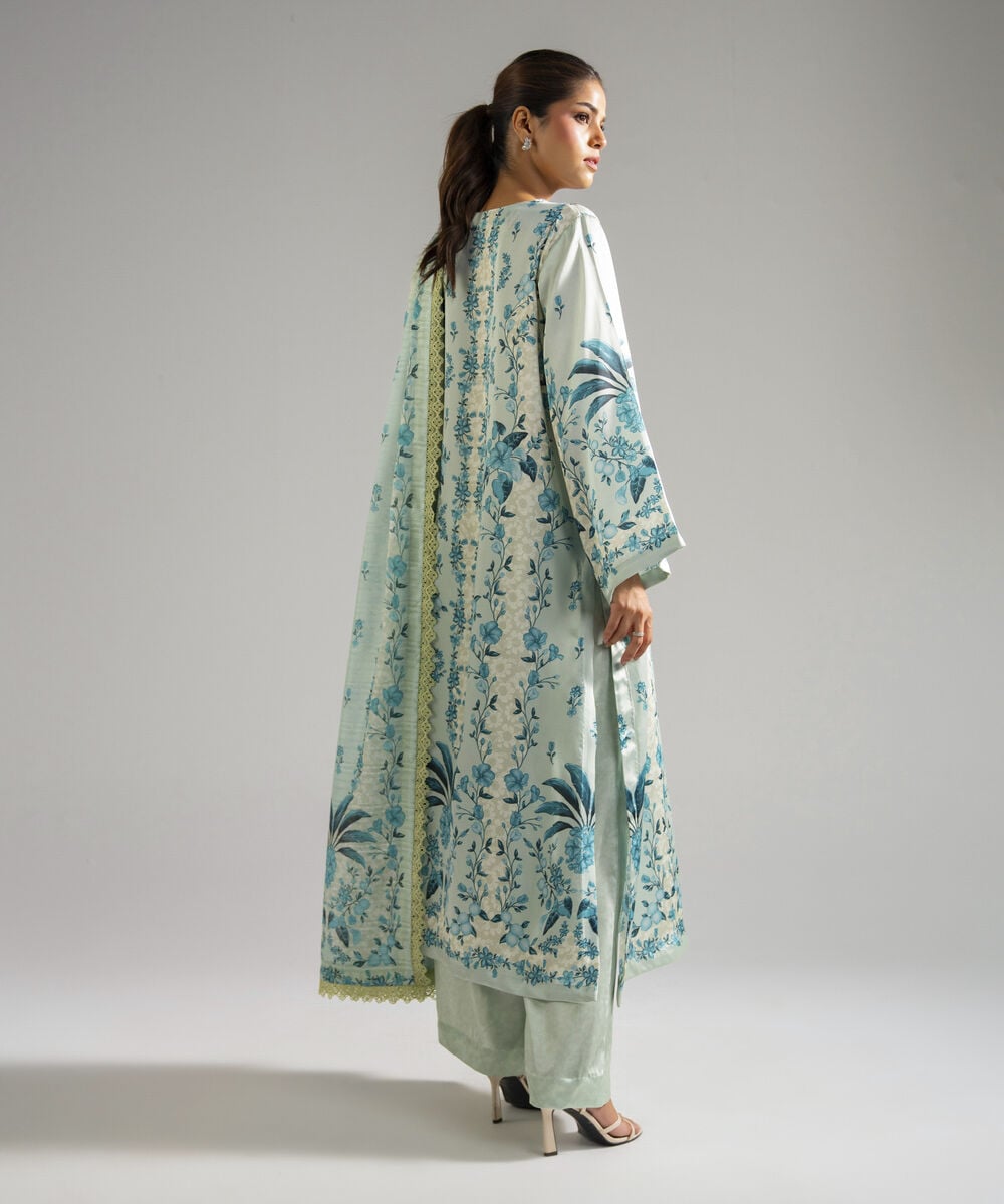 Women's RTW Blended Satin Printed Green 3 Piece Suit