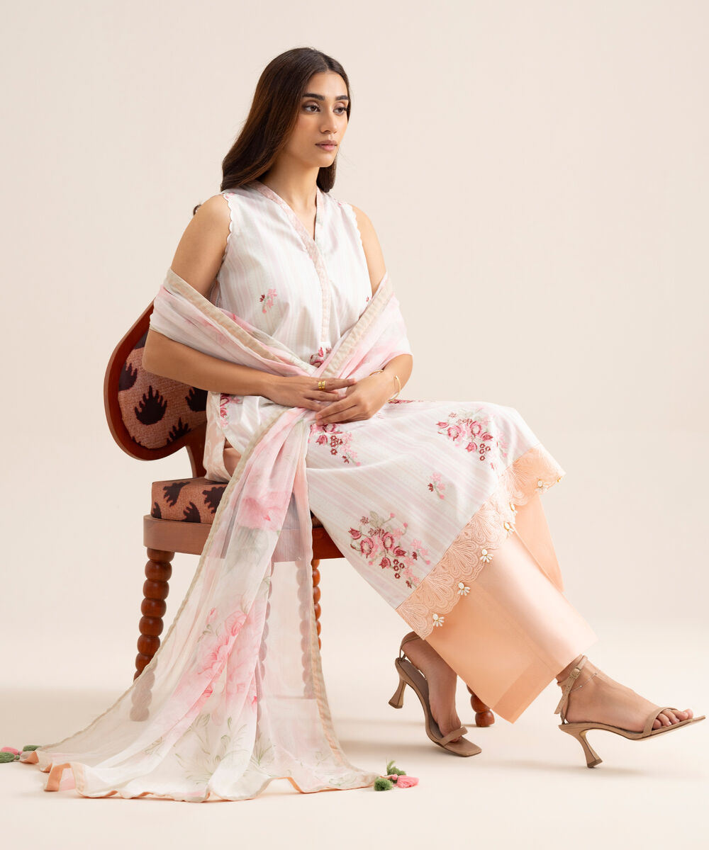 Women's Unstitched Lawn Embroidered Off White  3 Piece Suit