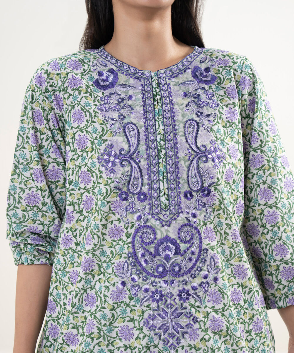 Women's RTW Slub Lawn Embroidered Light Grey Straight Shirt