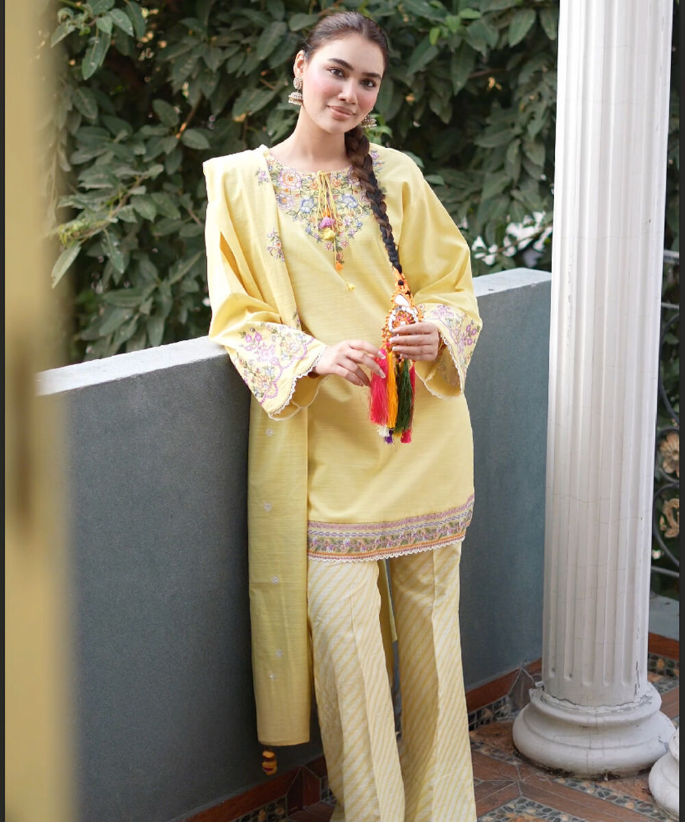 Women's Unstitched Khaddar Embroidered Yellow 3 Piece Suit