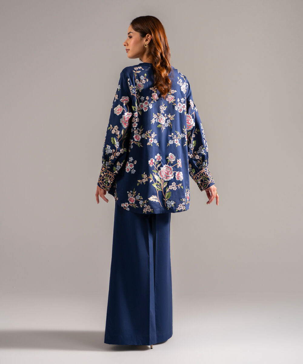Women's RTW Cotton Satin Embroidered Dark Blue 2 Piece Suit