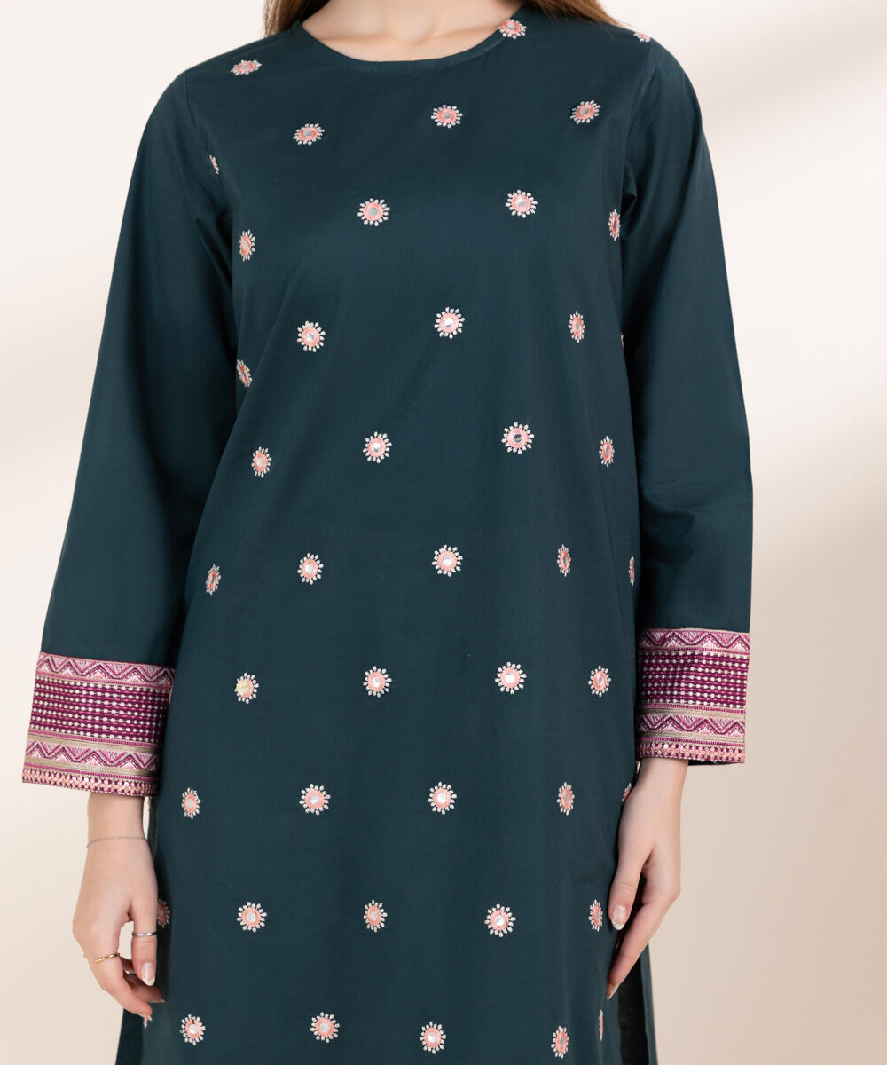 Women's Pret Cambric Green Embroidered Front Open Jacket