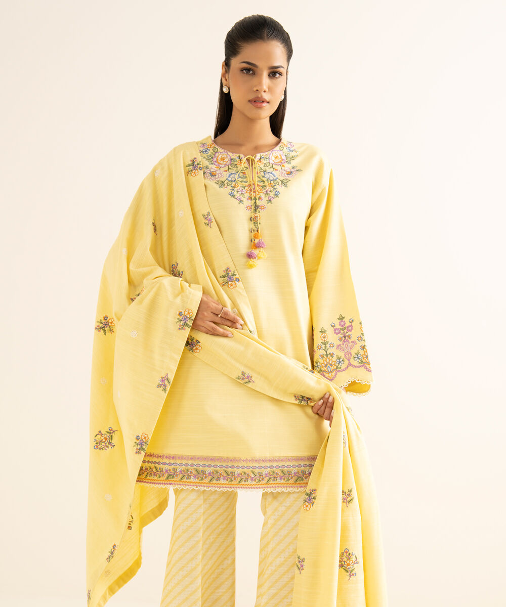 Women's Unstitched Khaddar Embroidered Yellow 3 Piece Suit
