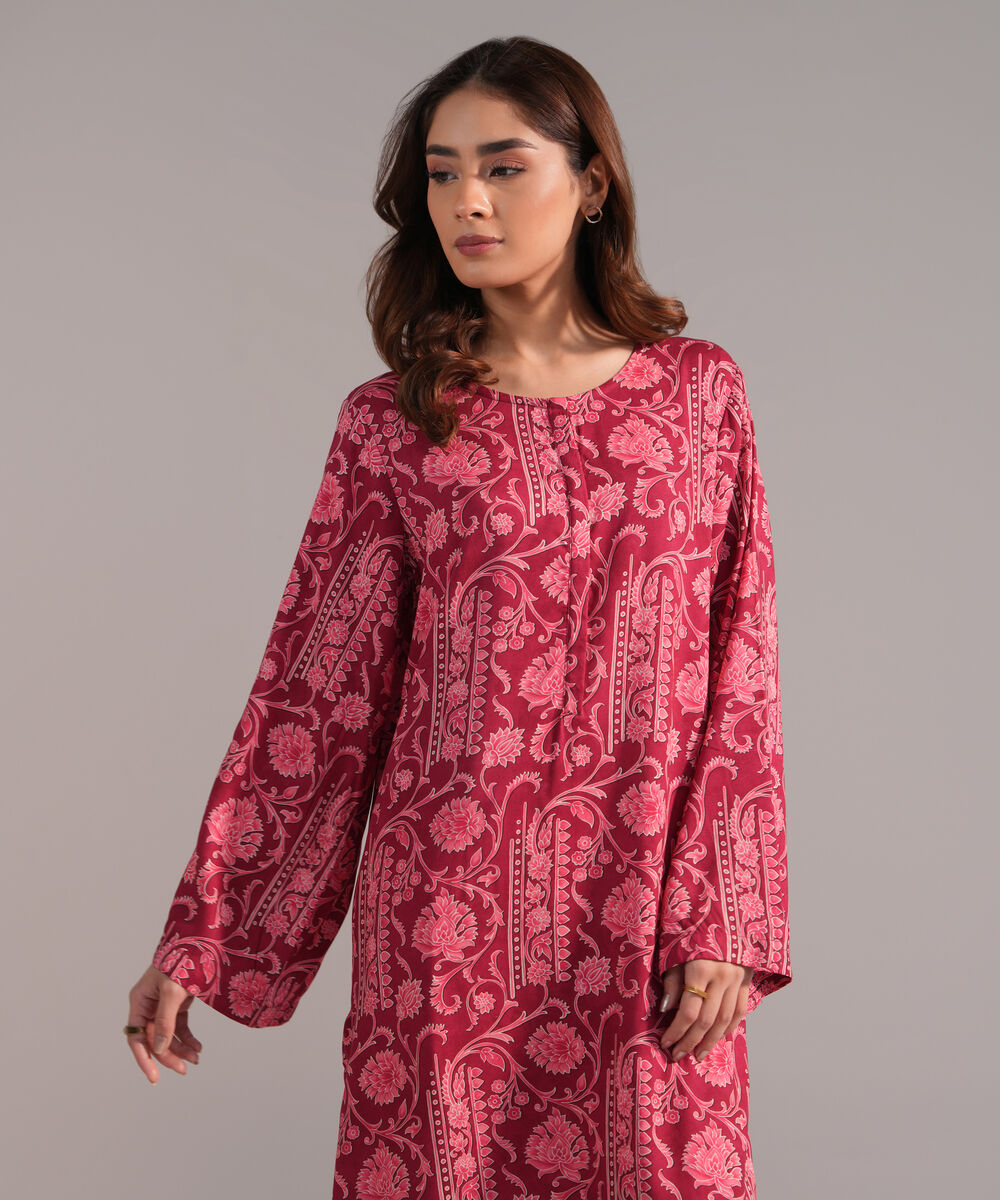 Women's RTW Arabic Lawn Printed Dark Pink A-Line Shirt