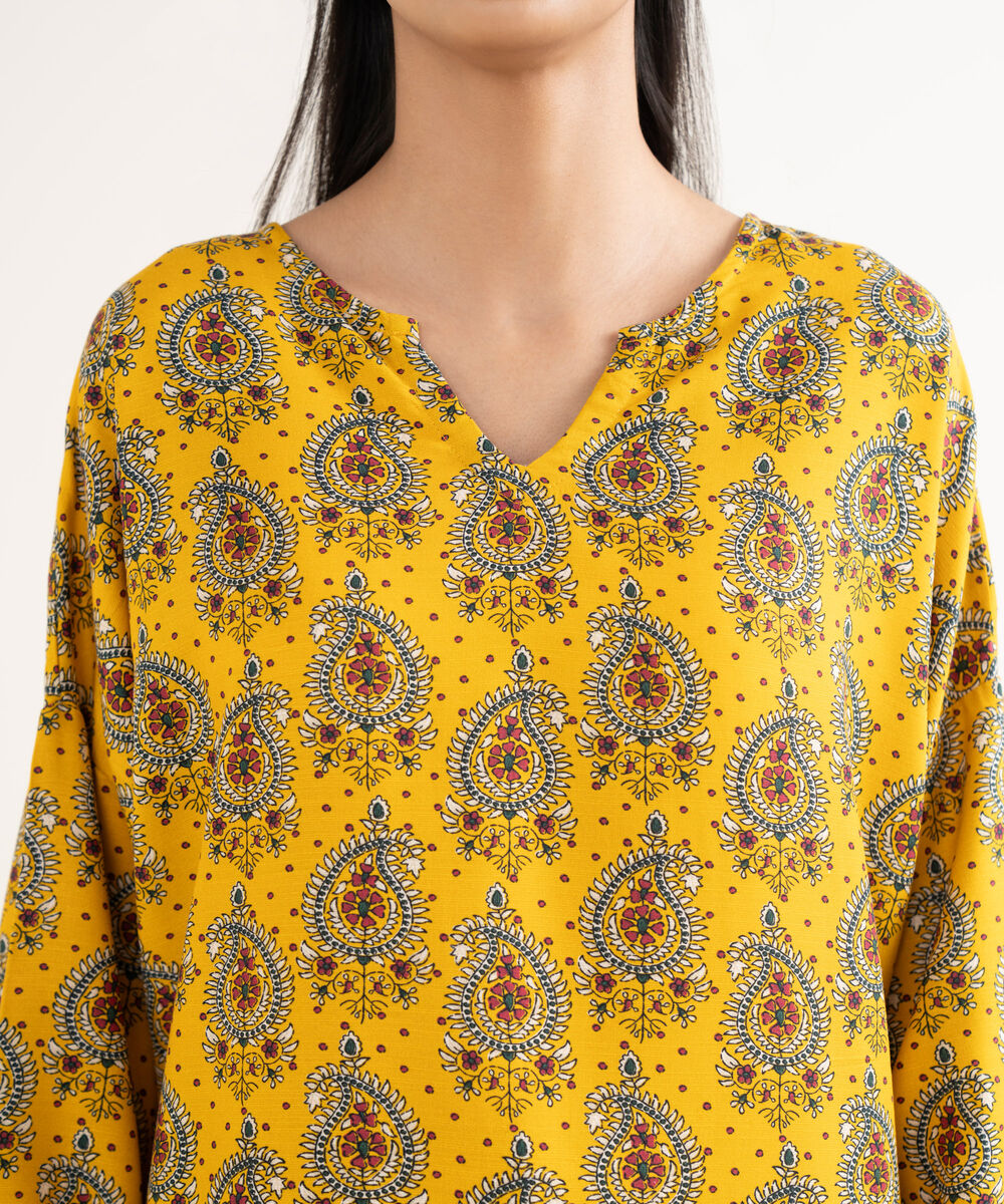 Women's RTW Cotton Printed Drop Shoulder Yellow Shirt