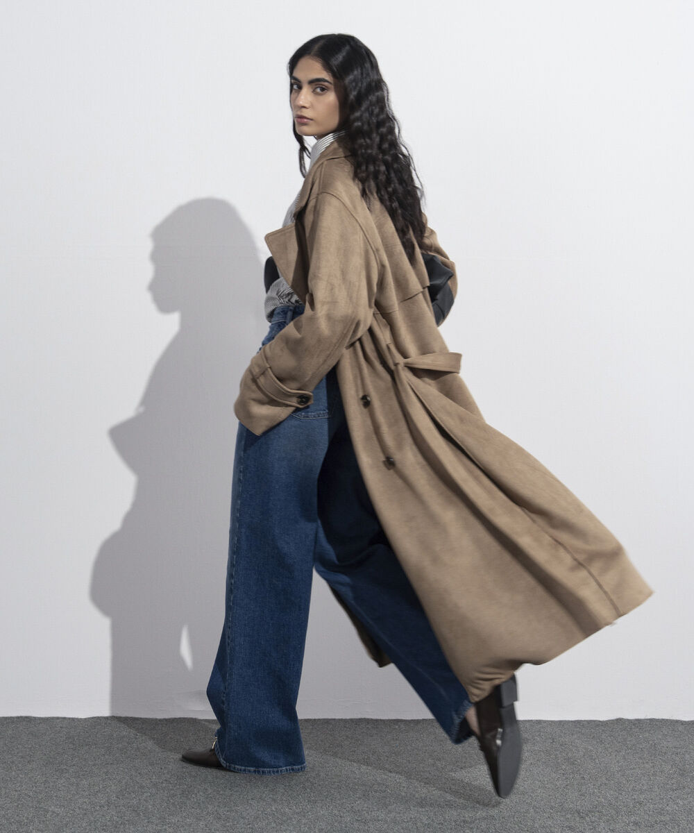 Women's Western Wear Light Camel Faux Suede Trench Coat