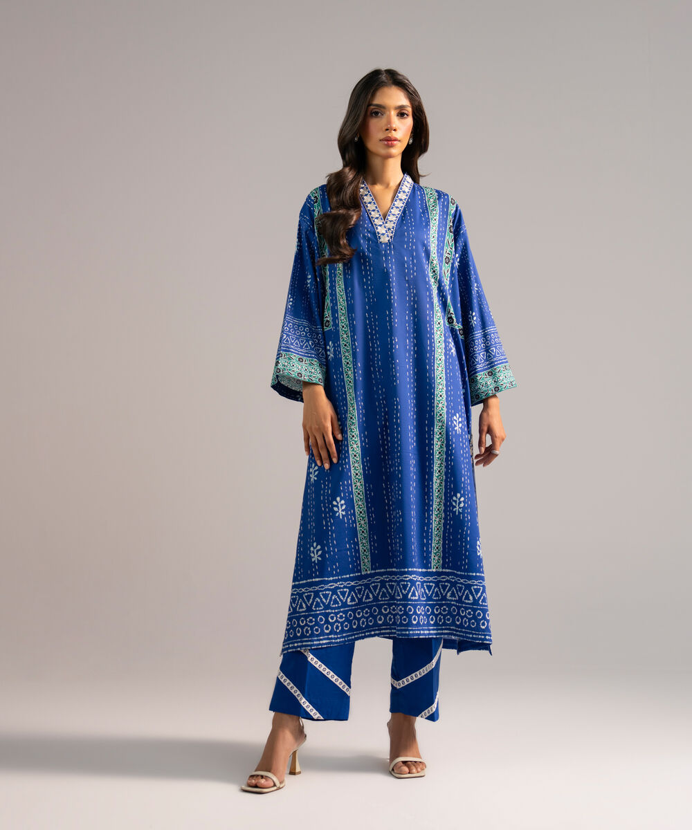 Women's RTW Lawn Embroidered Dark Blue Drop Shoulder Shirt
