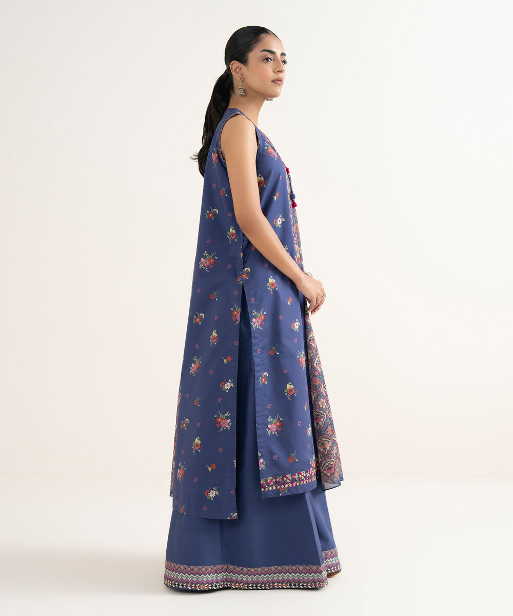Women's Unstitched Cotton Embroidered Blue    3 Piece Suit