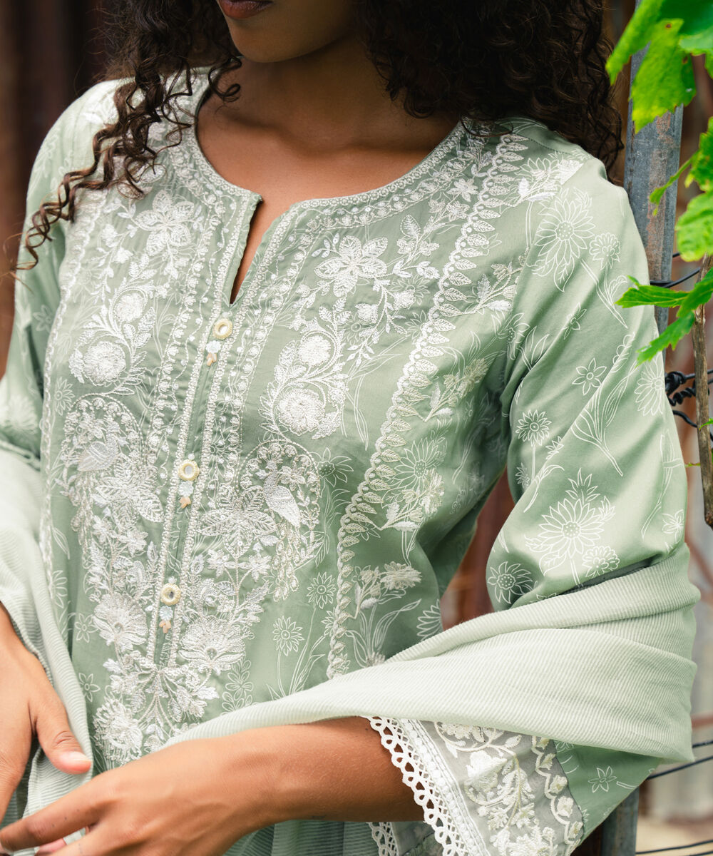 Women's RTW Lawn Embroidered Green A-Line Shirt