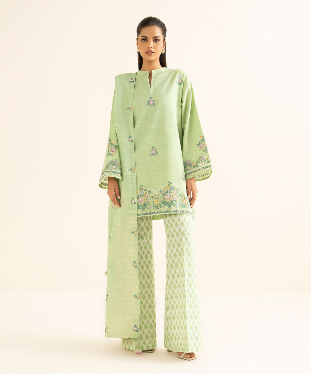 Women's Unstitched Khaddar Embroidered Green 3 Piece Suit