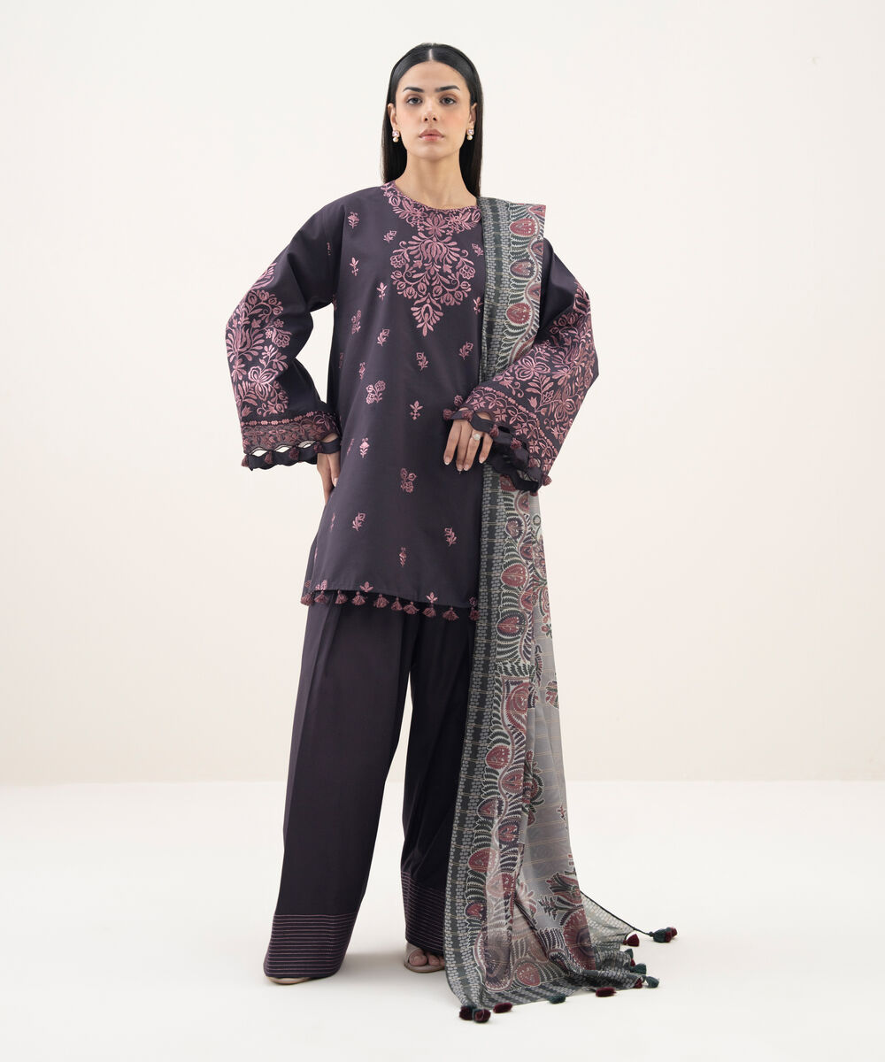 Women's Unstitched Cotton Embroidered Purple 3 Piece Suit