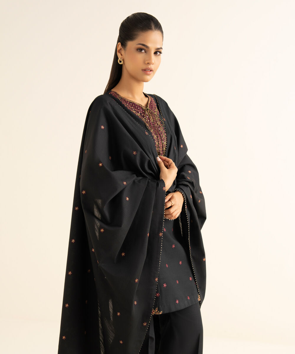 Women's Unstitched Cotton Embroidered Black 3 Piece Suit
