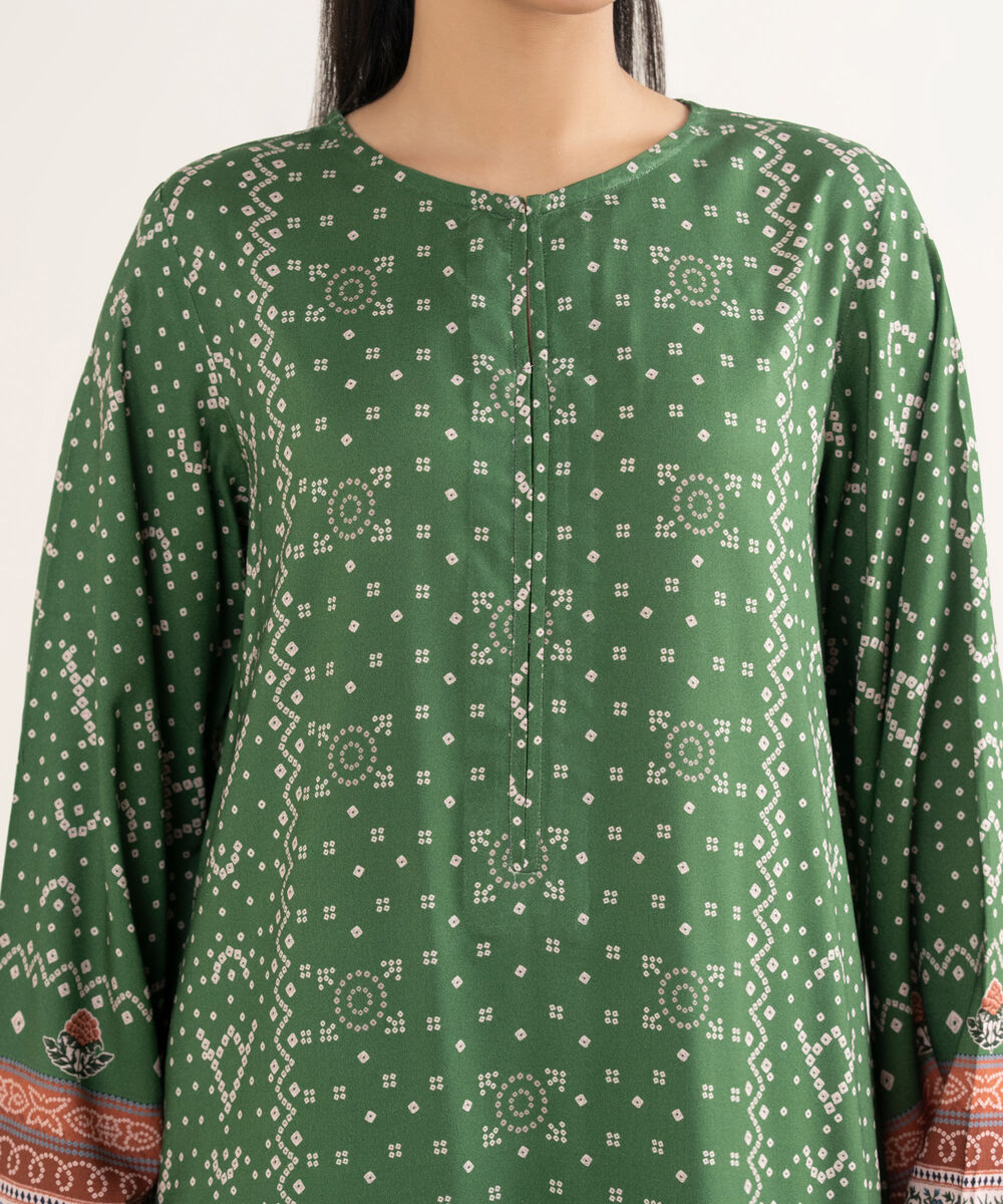 Women's RTW Linen Printed Green A-Line Shirt
