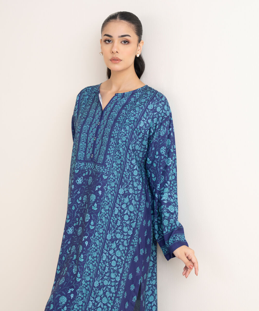 Women's RTW Viscose Linen Blue Printed Drop Shoulder Shirt