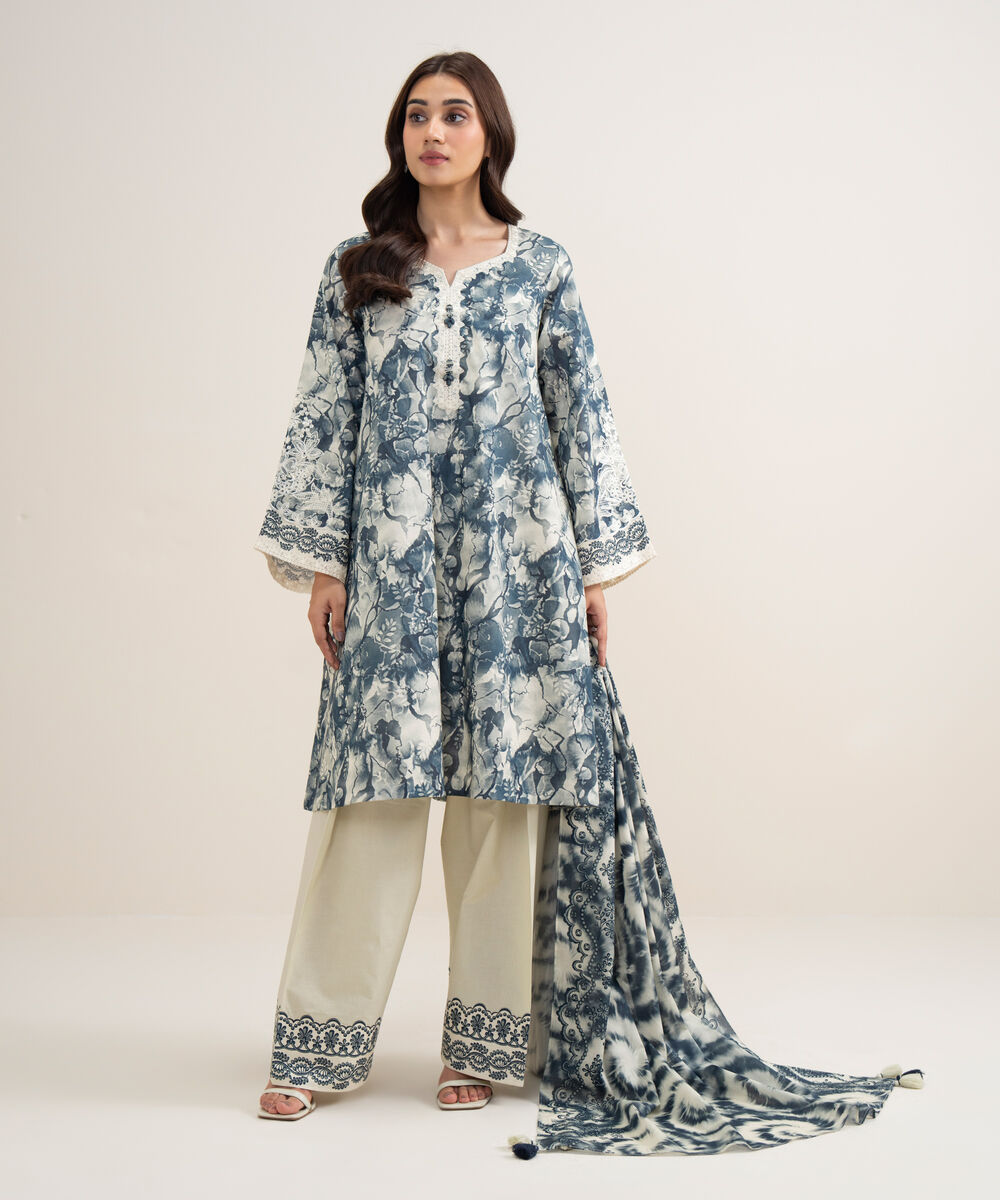 Women's Unstitched Lawn Embroidered Black and Off White 3 Piece Suit