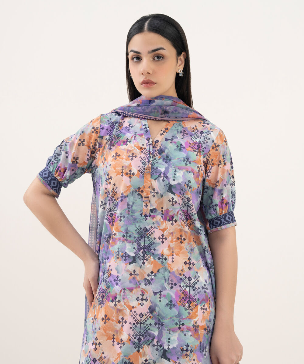 Women's Unstitched Cotton Printed Multi 2 Piece Suit