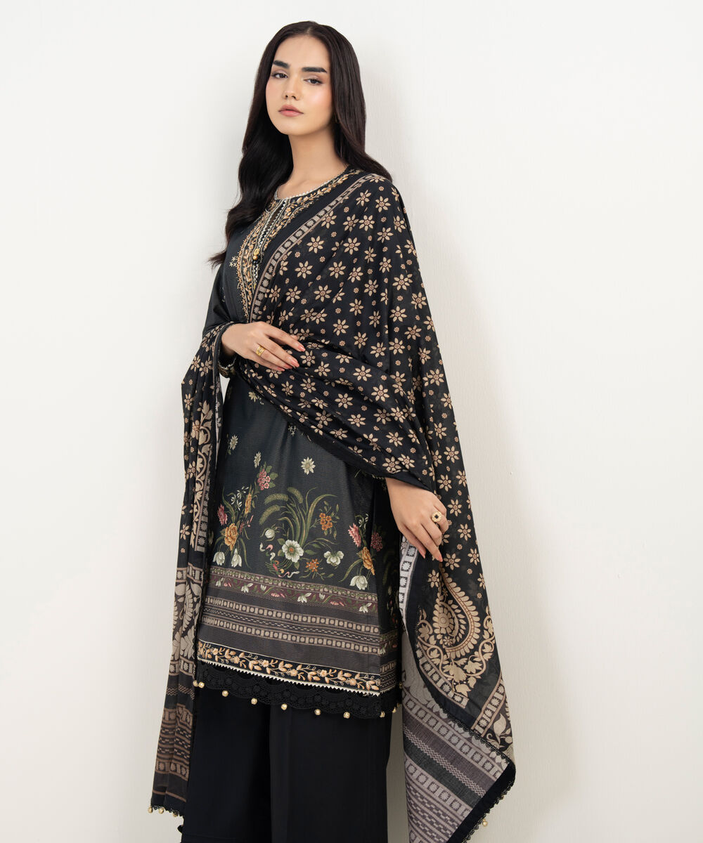 Women's RTW Zari Lawn Embroidered Black 3 Piece Suit