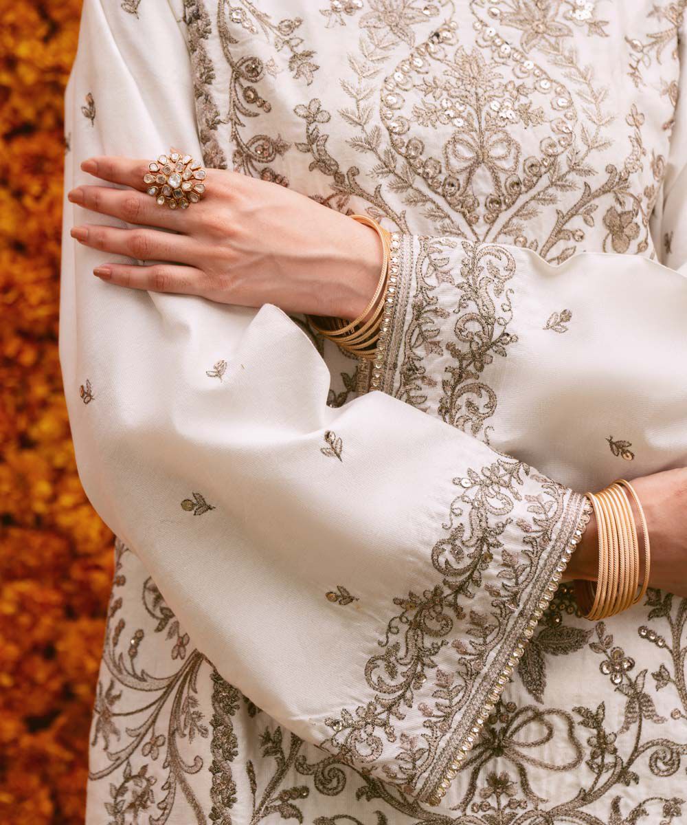 Women's RTW Silk Cotton Net Beige Embroidered Three Piece Suit