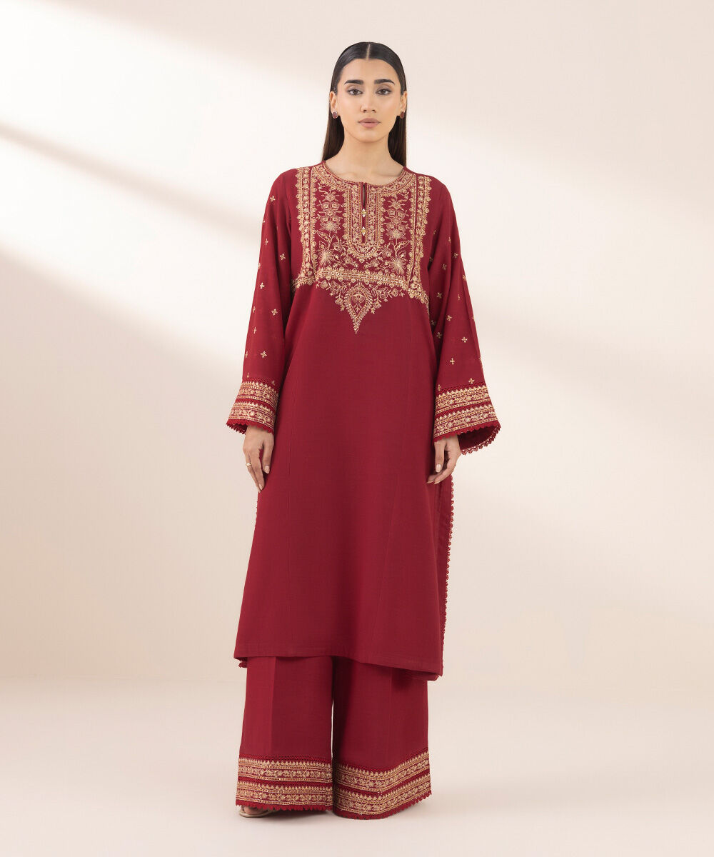 Women's Pret Cotton Viscose Red Embroidered A-Line Shirt