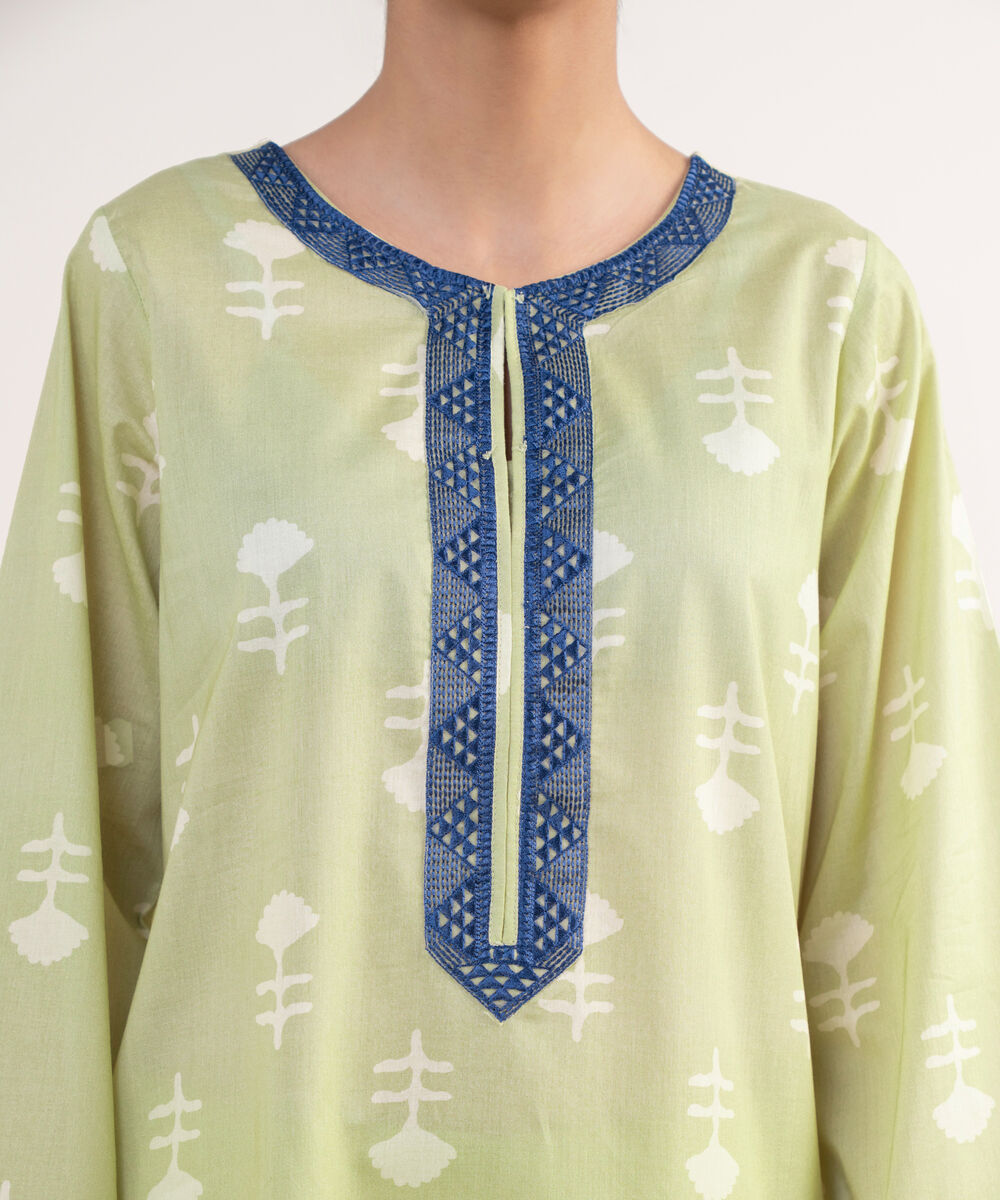 Women's RTW Lawn Green Embroidered Straight Shirt