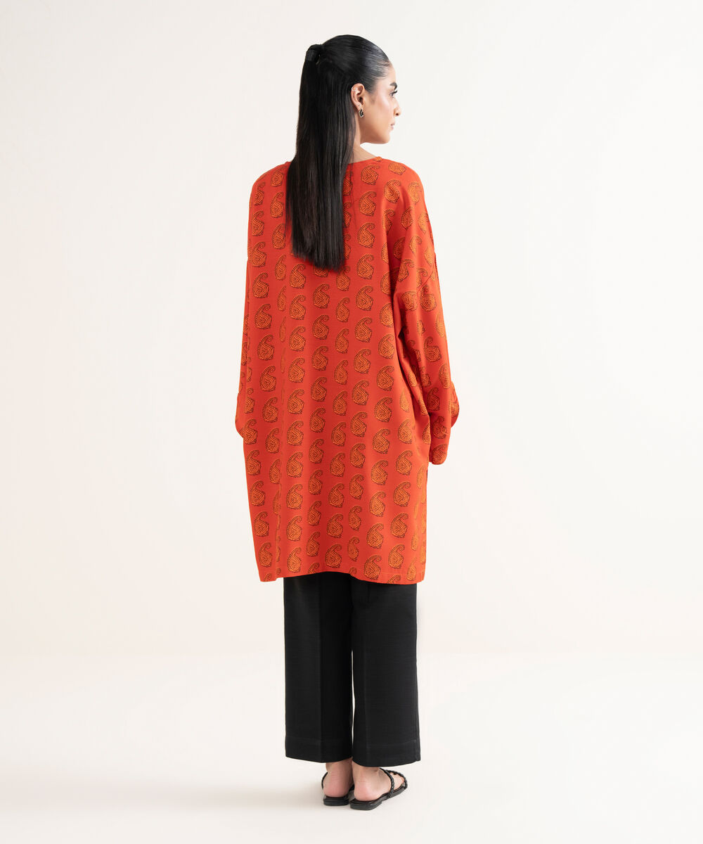 Women's RTW Textured Viscose Printed Drop Shoulder Orange Shirt