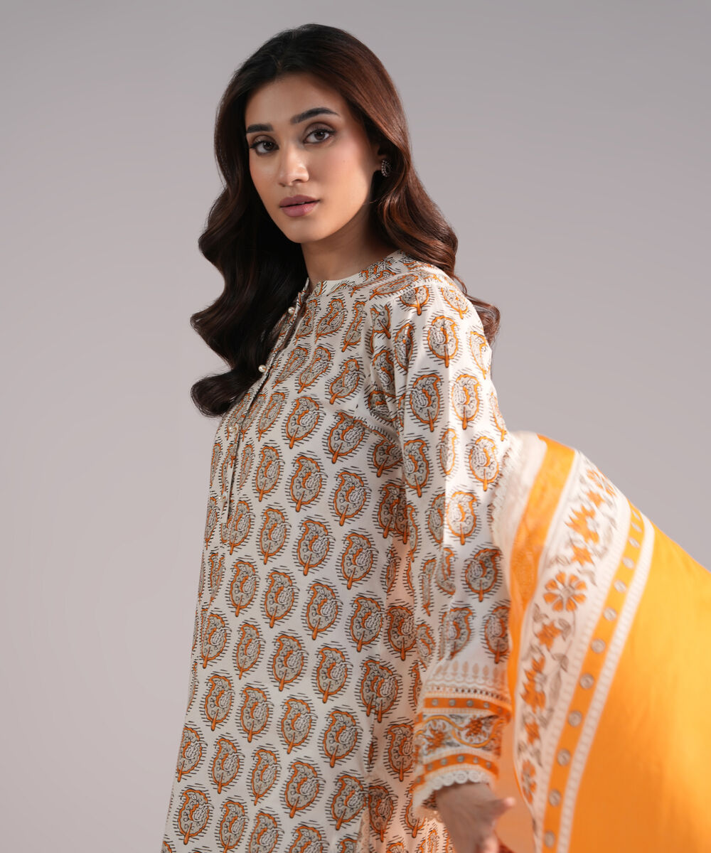 Women's RTW Lawn Printed Off White 3 Piece Suit