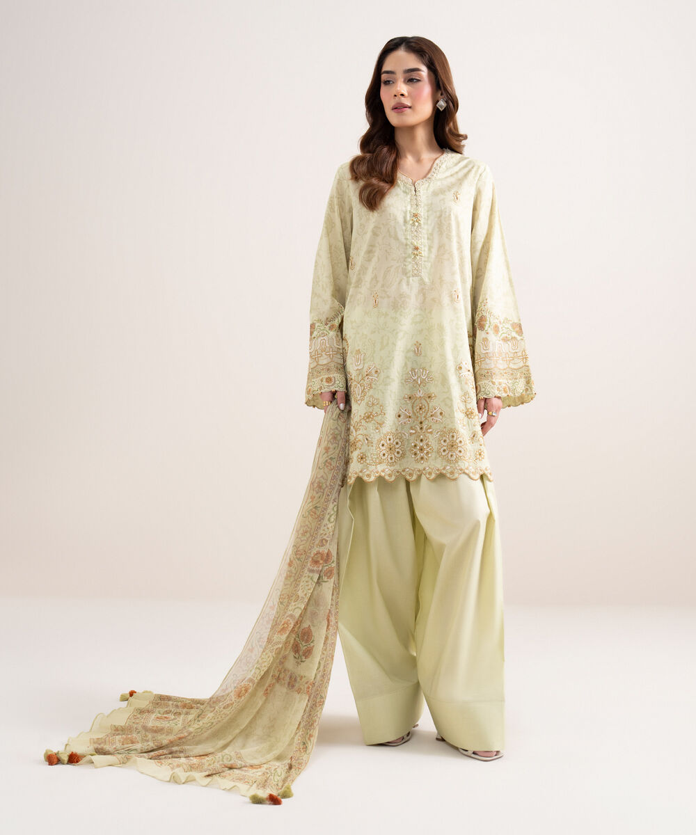 Women's Unstitched Lawn Embroidered Green 3 Piece Suit