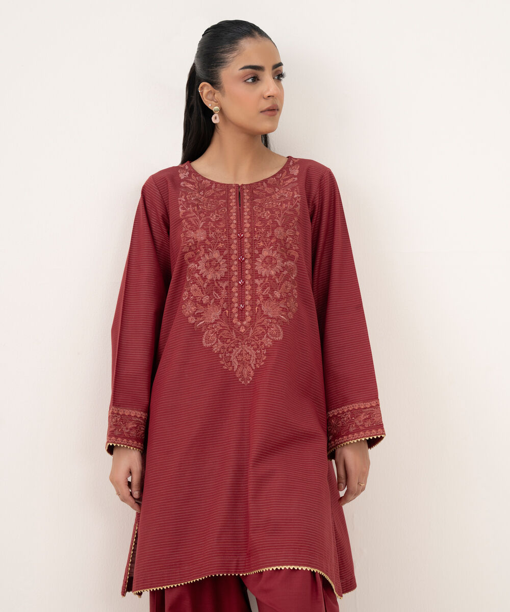 Women's RTW Cotton Embroidered Straight Blue Shirt