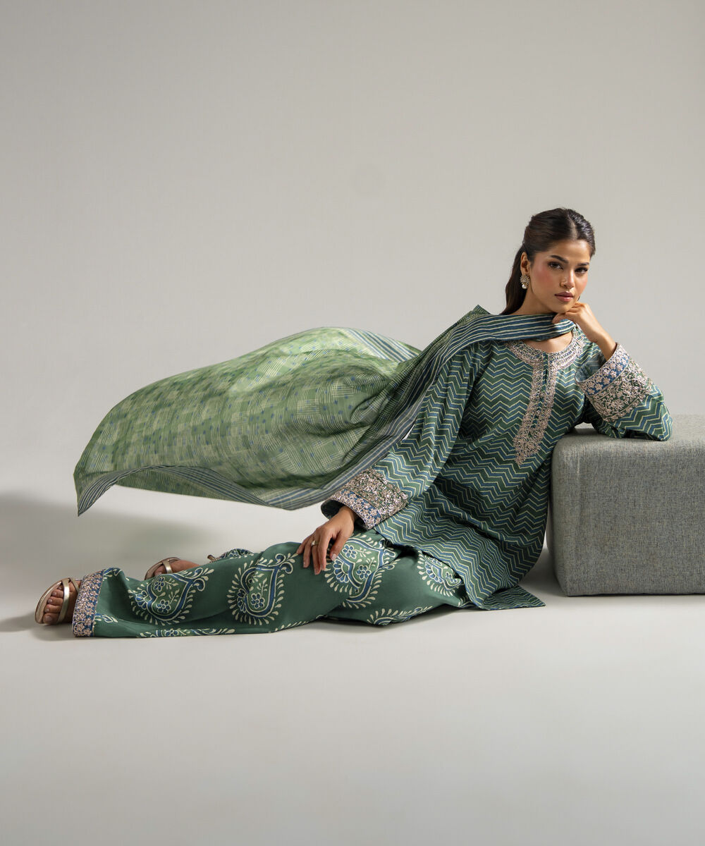 Women's RTW Raw Silk Embroidered Green 3 Piece Suit