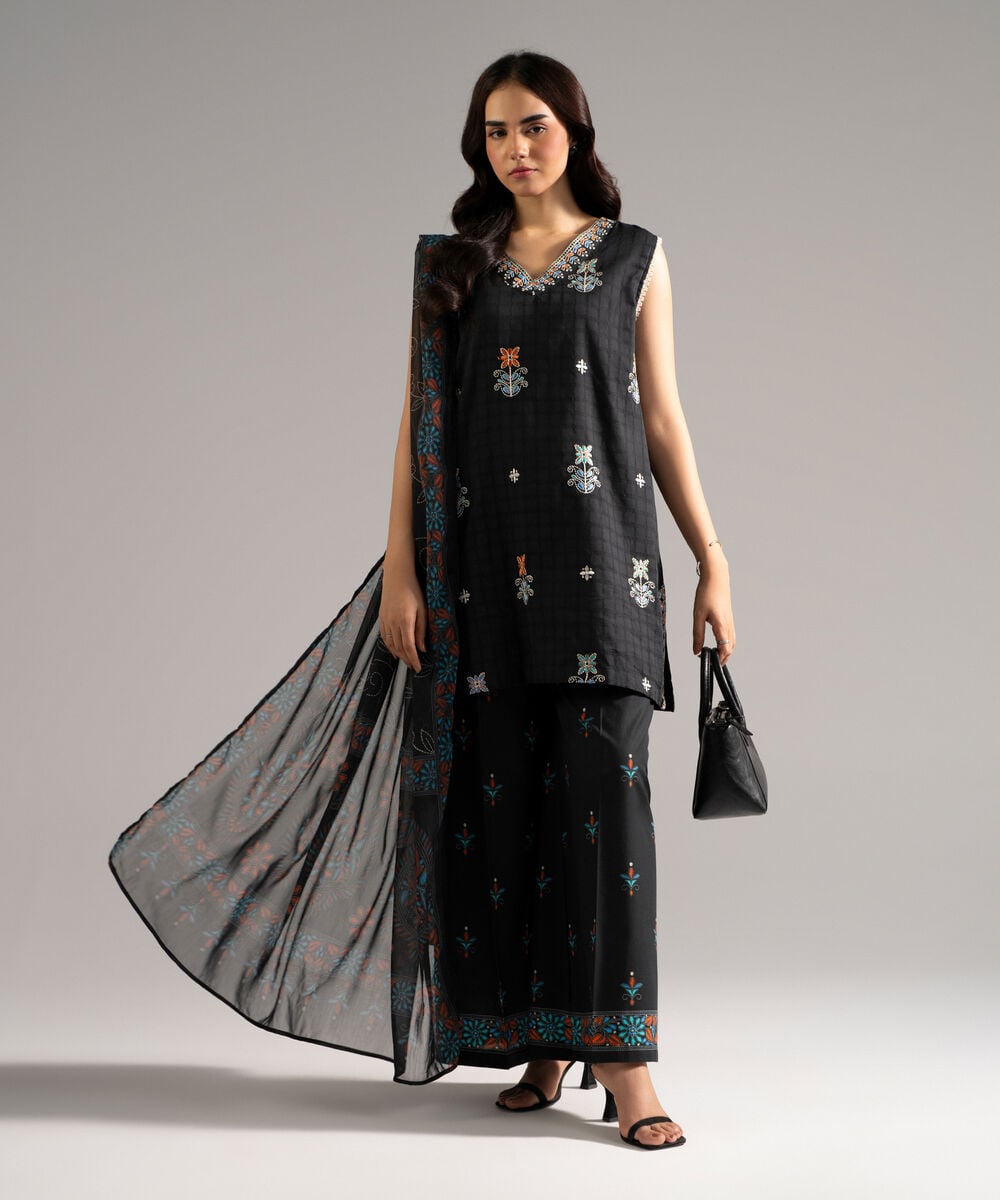 Women's RTW Dobby Embroidered Black 3 Piece Suit