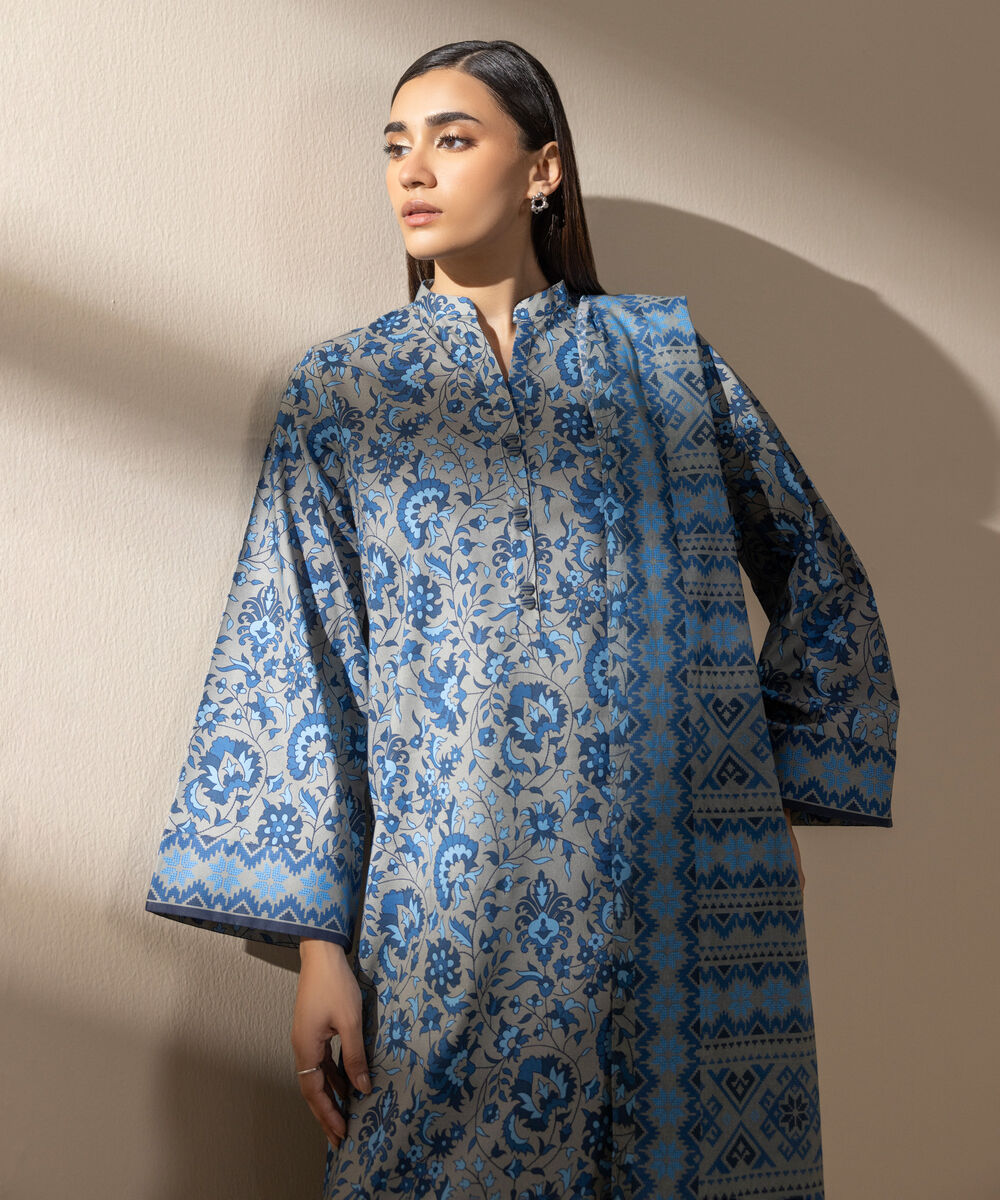 Women's Unstitched Lawn Printed Blue 3 Piece Suit