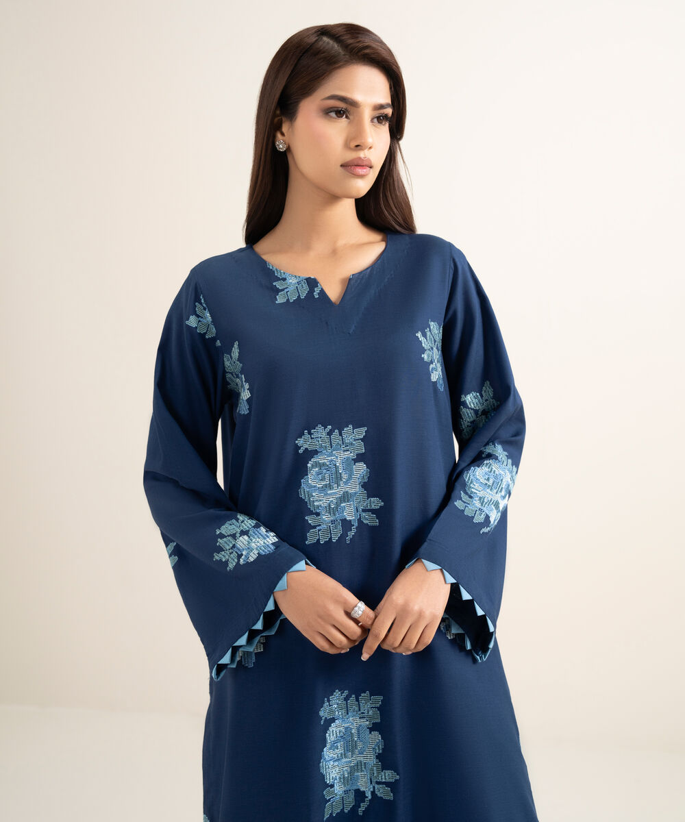 Women's RTW Cotton Viscose Embroidered Blue Straight Shirt