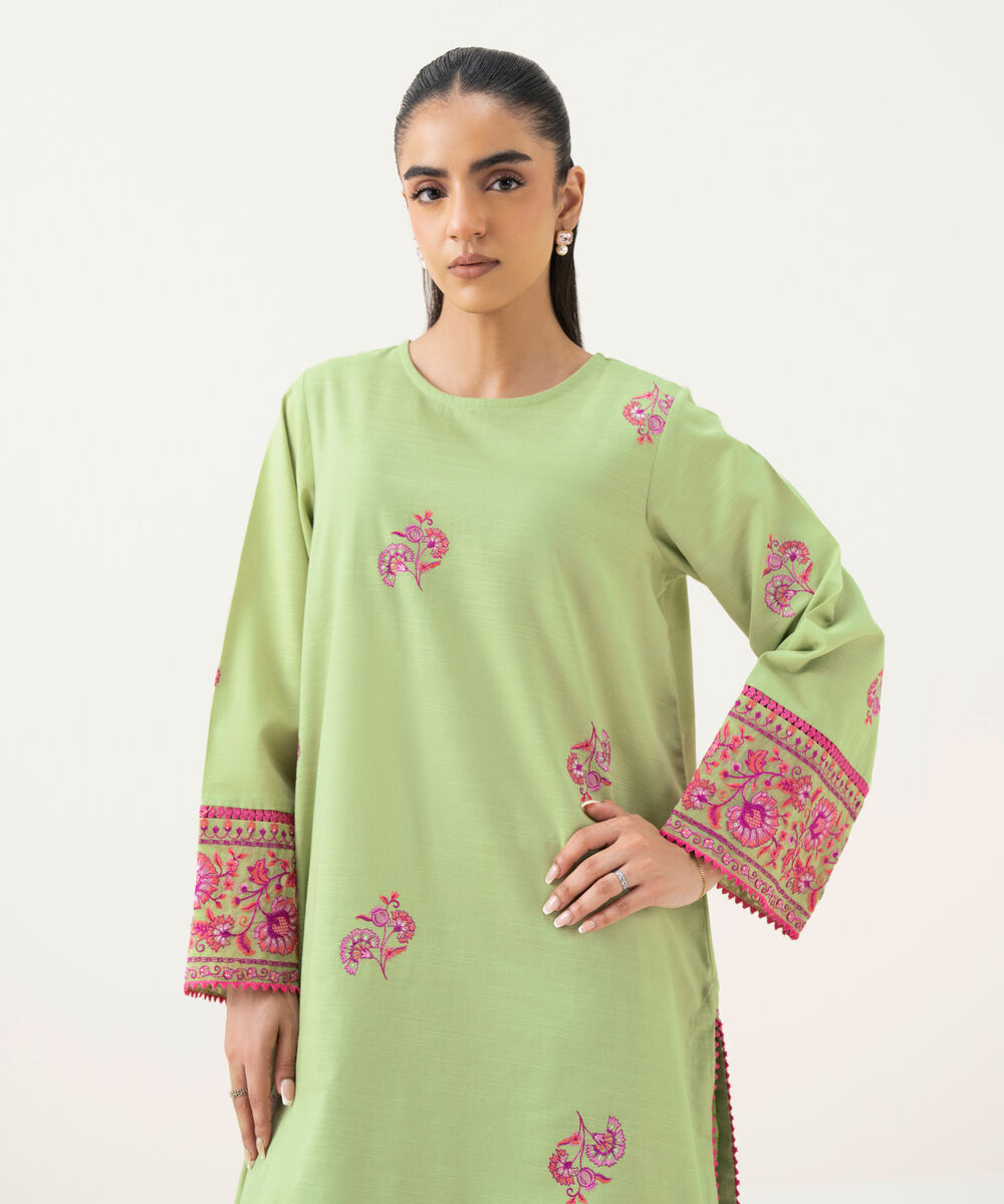 Women's RTW Cambric Green Embroidered Straight Shirt