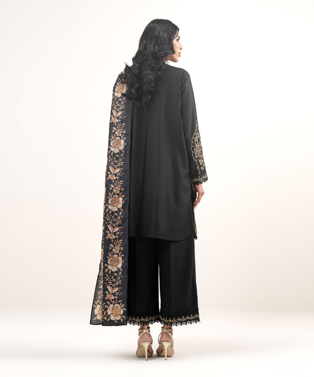 Women's RTW Raw Silk Viscose Embroidered Black 3 Piece Suit