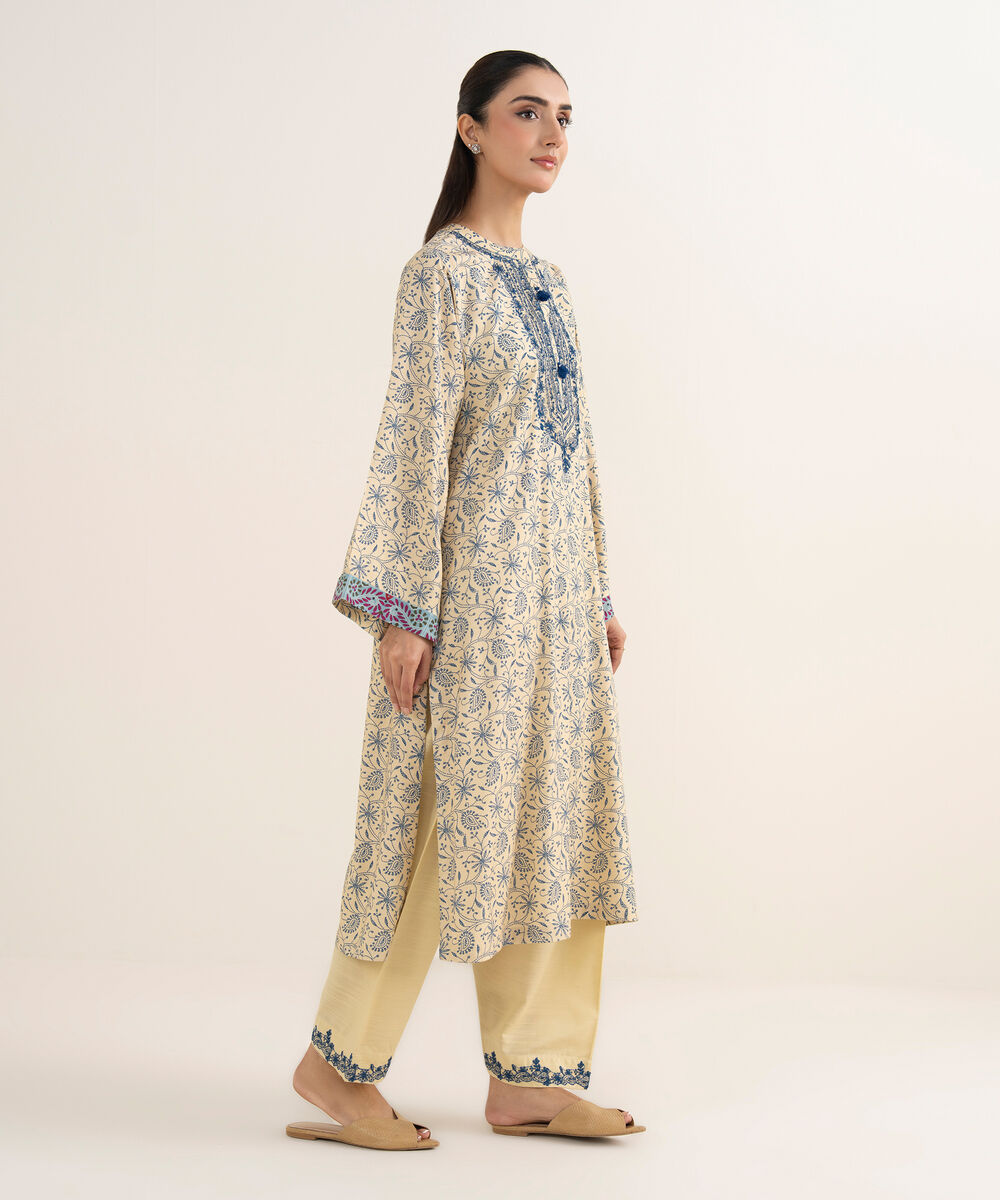 Women's RTW Cotton Embroidered Cream White A-Line Shirt