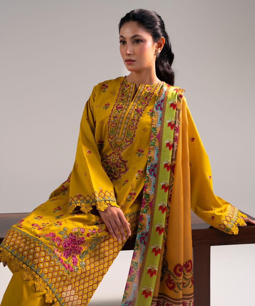 Women's Stitched for You Textured Lawn Yellow Embroidered 3 Piece Suit