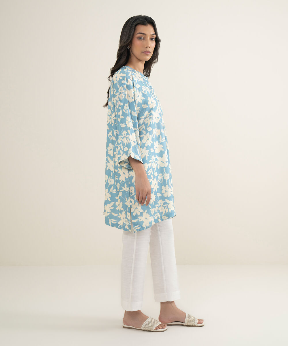 Women's RTW Arabic Cambric Printed Blue Drop Shoulder Shirt