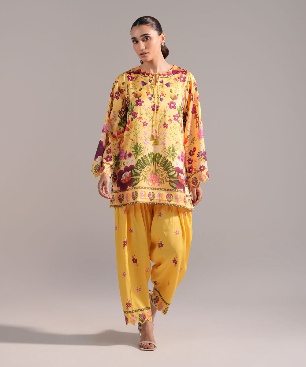 Women's RTW Blended Satin Printed Yellow 2 Piece Suit