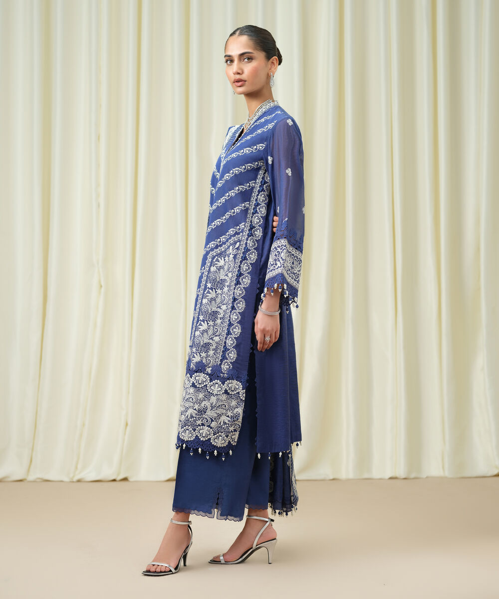 Women's Unstitched Muslin Embroidered Blue 3 Piece Suit