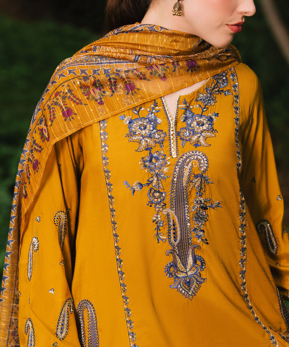 Women's RTW Viscose Raw Silk Embroidered Mustard Brown 3 Piece Suit