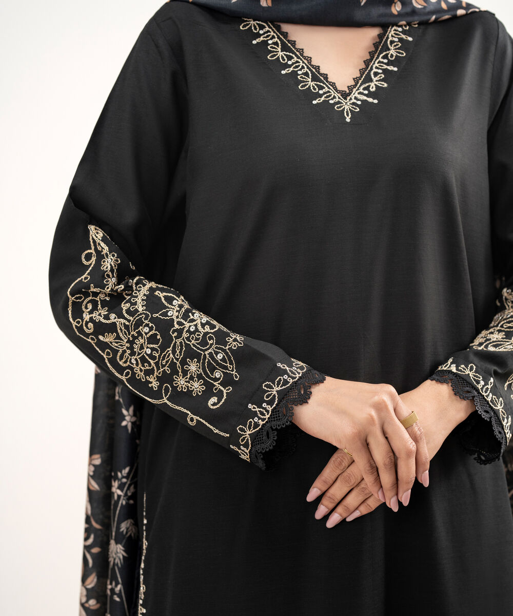 Women's RTW Raw Silk Viscose Embroidered Black 3 Piece Suit