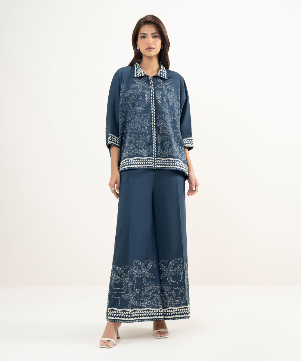Women's RTW Lawn Printed Blue Drop Shoulder Shirt
