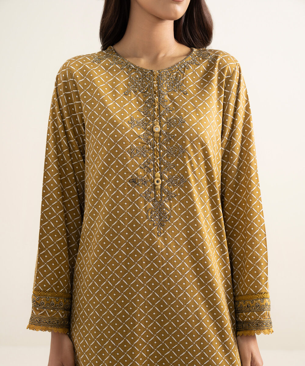 Women's RTW Lawn Embroidered Brown A-Line Shirt