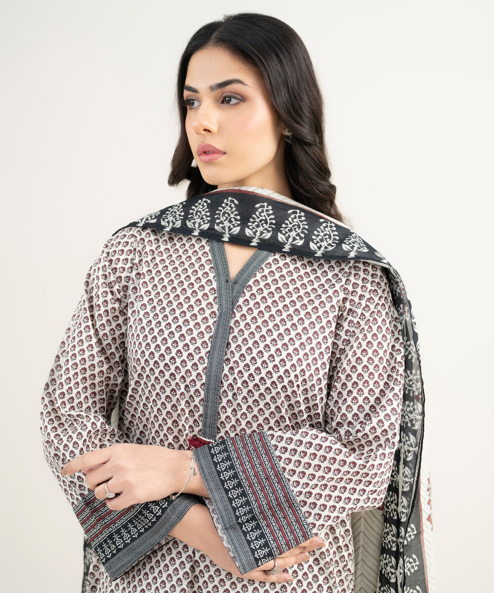 Women's RTW Lawn Printed White 3 Piece Suit