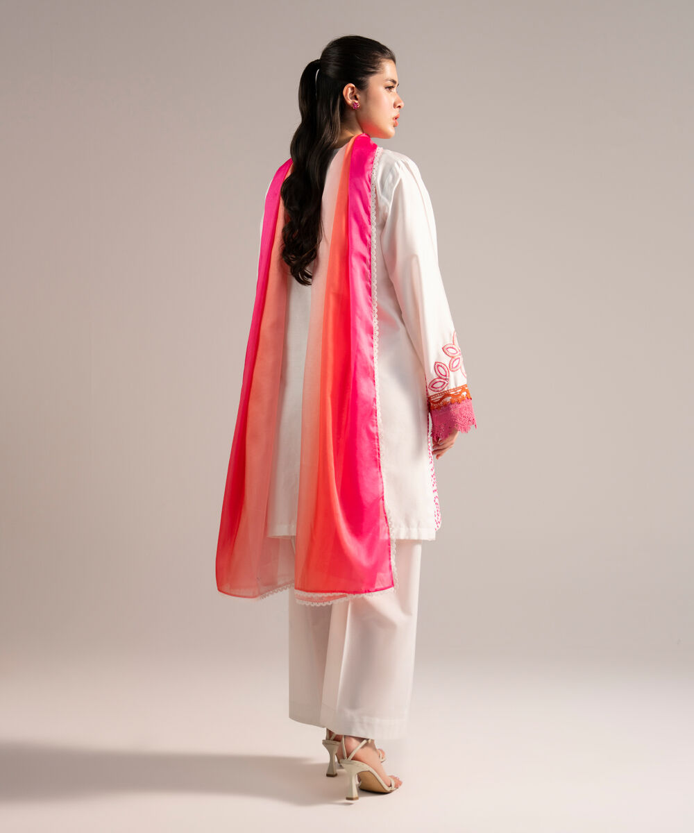 Women's RTW Cotton Satin Embroidered White 2 Piece Suit