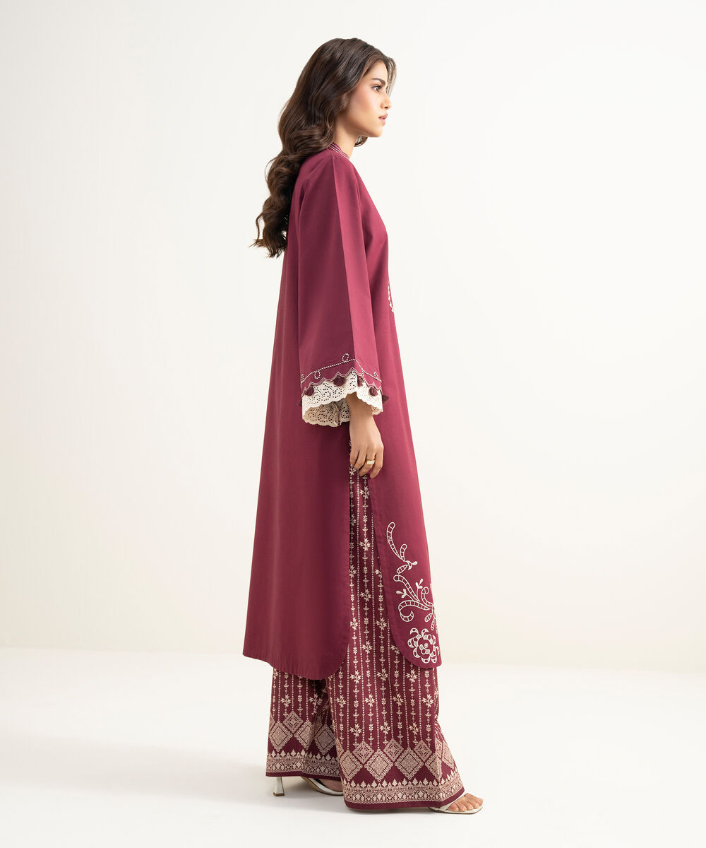 Women's Unstitched Lawn Embroidered Red 2 Piece Suit