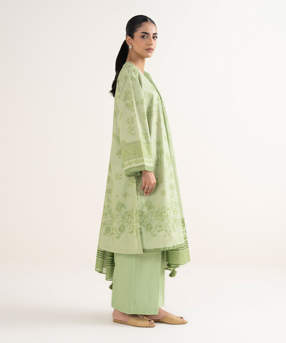 Women's Unstitched Cotton Embroidered Green 3 Piece Suit