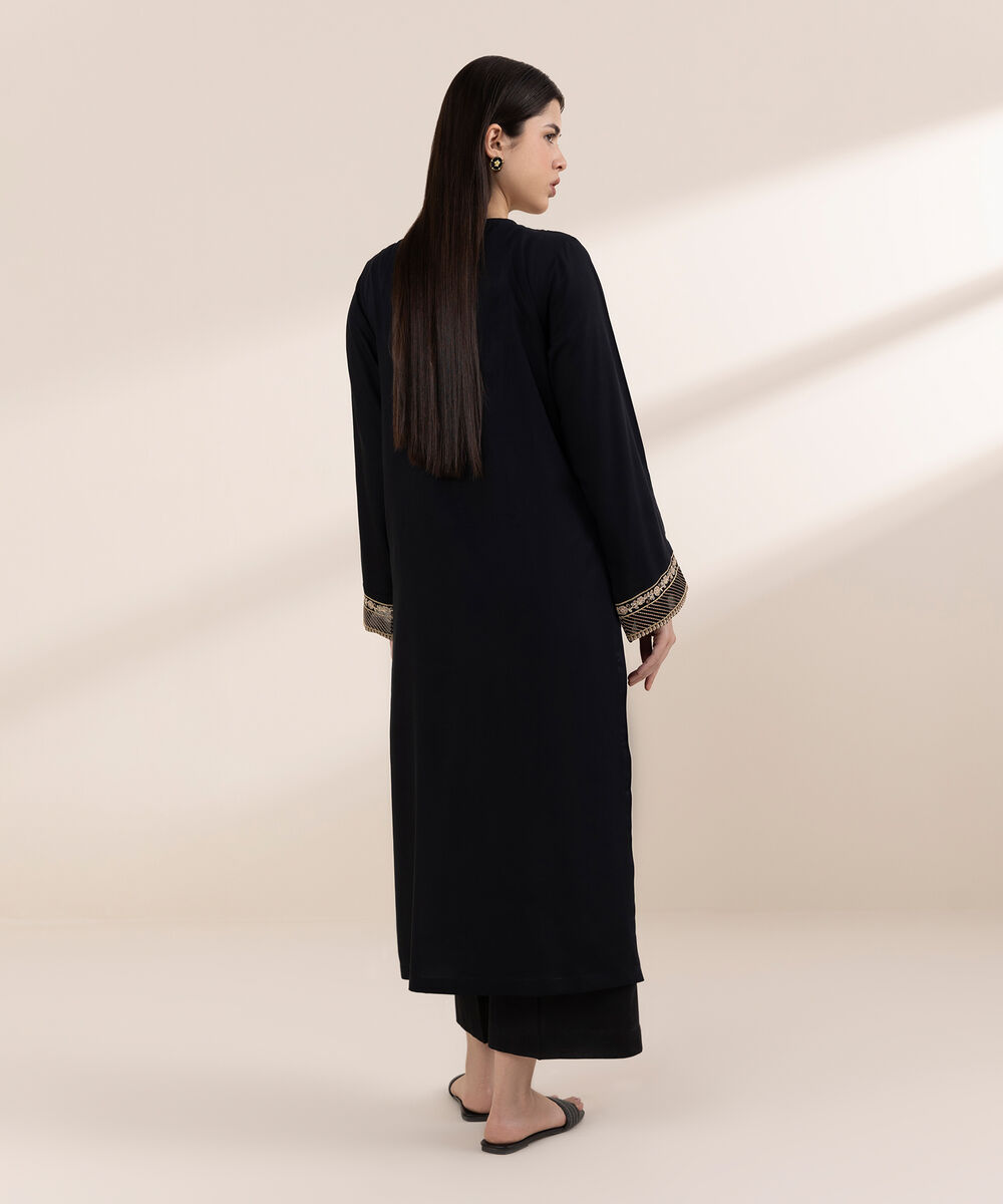 Women's RTW Arabic Lawn Black Embroidered A-Line Shirt