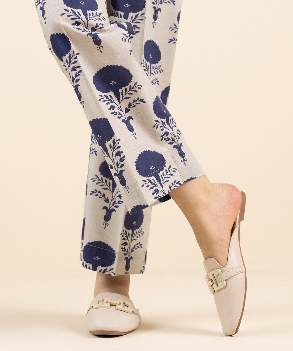 Woman - Blue Printed Cambric Straight Pants